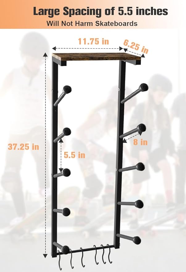 Koutemie Skateboard Rack Wall Mount with Five-Layer Skate Board Stand for Storage Longboard Deck Organizer, Skateboard Wall Display Hanger Holder with 6 Hooks for Home or Garage