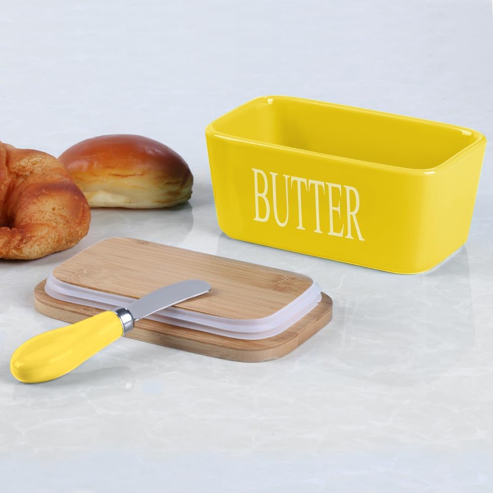 Ceramic Butter Dish with Wooden Lid, Large Butters Container Keeper Storage with Stainless Steel Knife Spreader, Bamboo Cover and Silicone Sealing Ring for West East Coast, Yellow