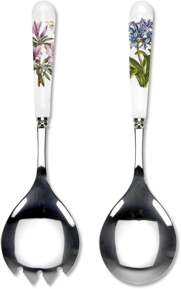 Portmeirion Botanic Garden Set of 2 Salad Servers | 10 Inch Salad Serving Set | Azalea and African Lily Motifs | Made from Stainless Steel and Porcelain