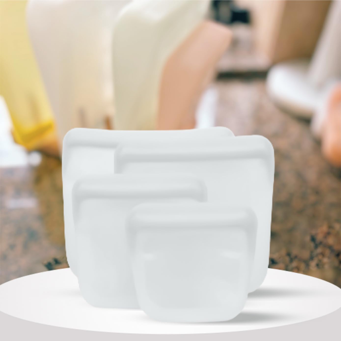 purifyou Set of 5 Reusable Silicone Storage Snack Bags 6oz / 16oz / 32oz / 64oz Self-Seal Food Storage Container for Fruits, Vegetables, Sandwiches, Dishwasher Safe & Leak-free (White, 6oz)