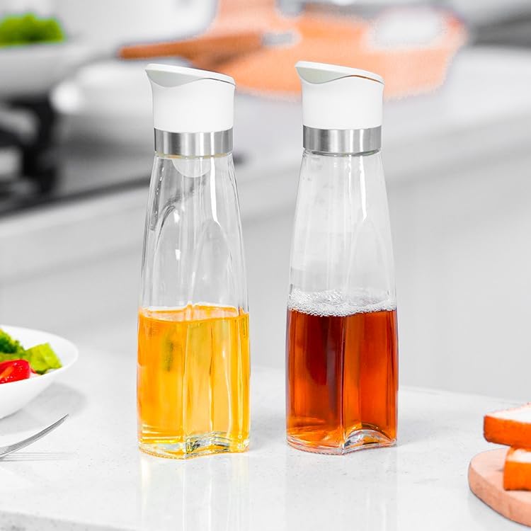 Premium Glass Olive Oil and Vinegar Dispenser Bottles Set, 2-Piece Kitchen Cooking Cruet with Auto-Open Lid, Non-Drip Pouring Spout, Oil Infuser Filter, Dishwasher Safe (White 16oz)