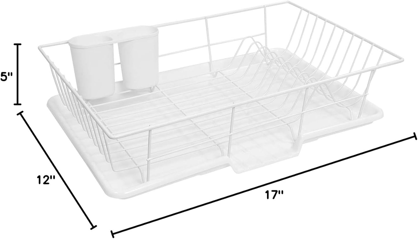 Sweet Home Collection Space-Saving 3-Piece Dish Drainer Rack Set: Efficient Kitchen Organizer for Quick Drying and Storage - Includes Cutlery Holder and Drainboard - Maximize Countertop Space, White