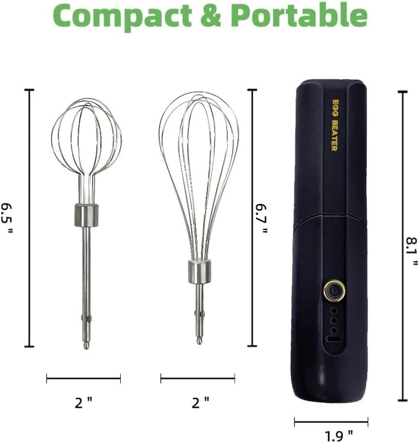 Cordless Hand Mixer, Foldable Design Handheld Electric Whisk with 3 Speed Modes, Hand Held Egg Beater with 2 Detachable Stir Whisks (Black)