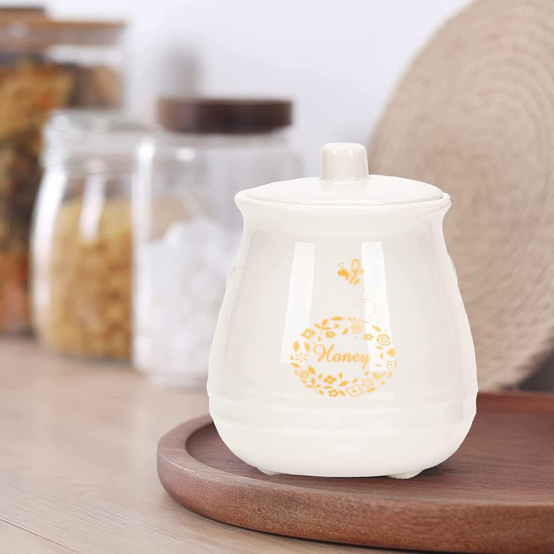 Ceramic Honey Jar with Wooden Honey Dipper-Honey Pot with Dipper- Honey Jar with Stand, Great Bee Decor- Farmhouse Kitchen Decor (Honey Jar-White)