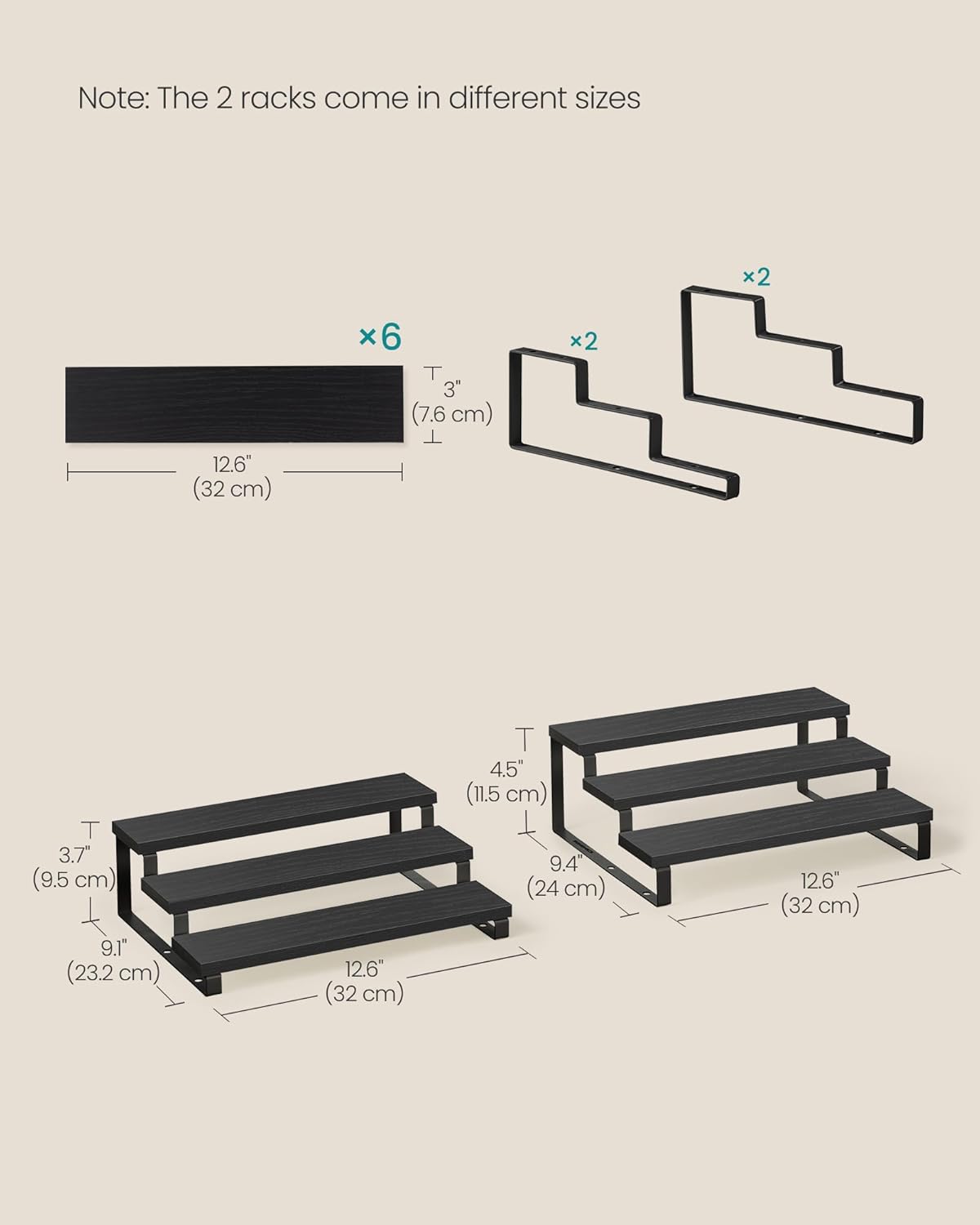 SONGMICS Display Risers, Set of 2 Engineered Wood Perfume Organizer Stand, 3-Tier Cupcake Stand Holder, Spice Rack, Shelf Risers for Figures, Dessert Shelves, Ebony Black and Ink Black UKCS116B01