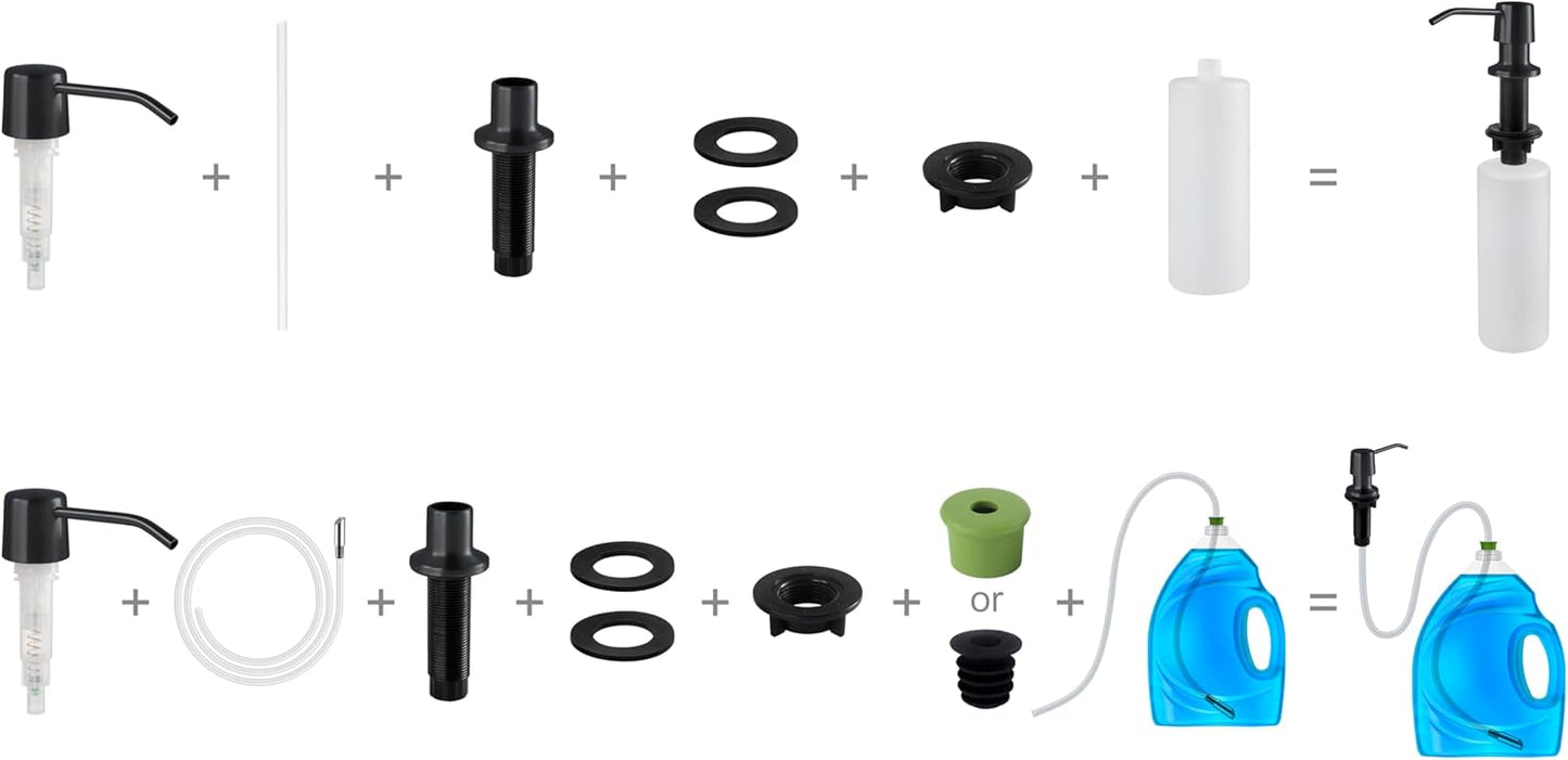 Soap Dispenser for Kitchen Sink - 4” Spout and 16oz Capacity Bottle - Black Countertop Soap Dispenser Pump with 47" Extension
