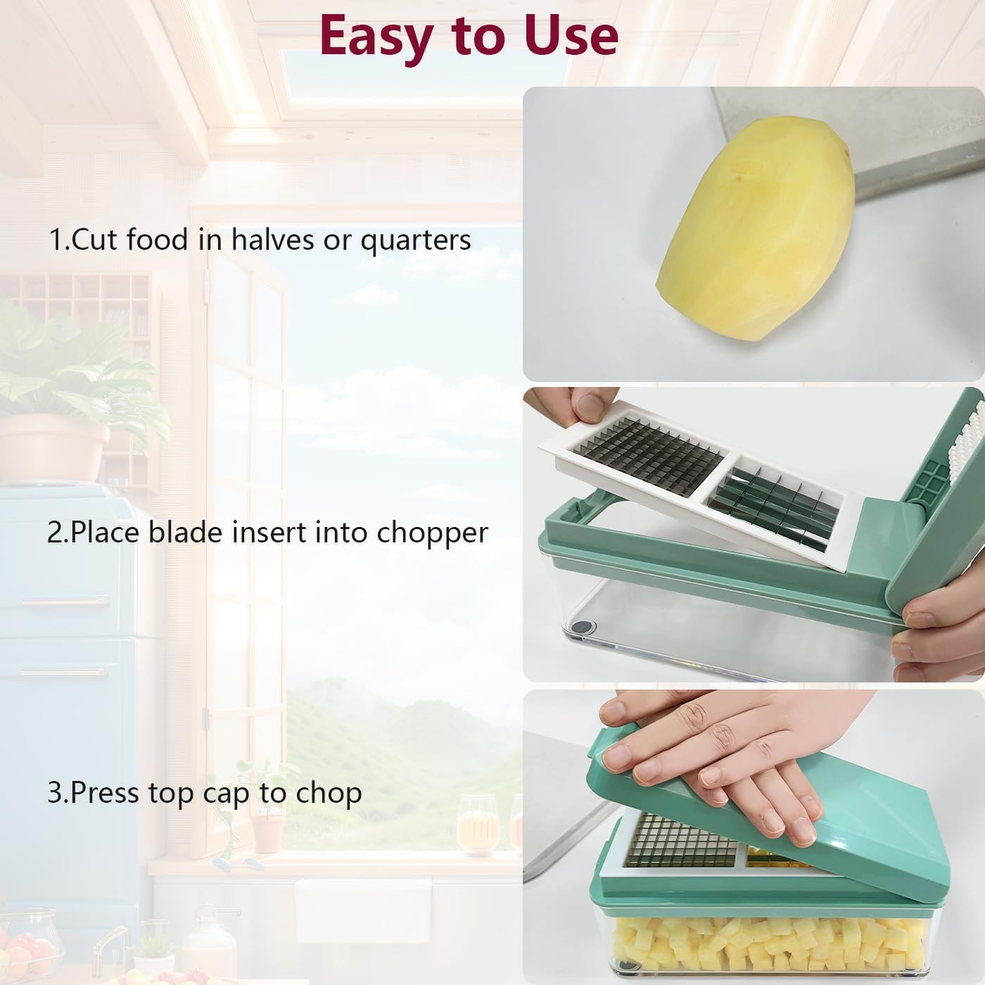 Vegetable Chopper, Onion Dicer, Mandoline Slicer, Food Chopper with Container, Vegetable Cutter for Salad Potato Carrot Garlic(2 Blades, Blue White)