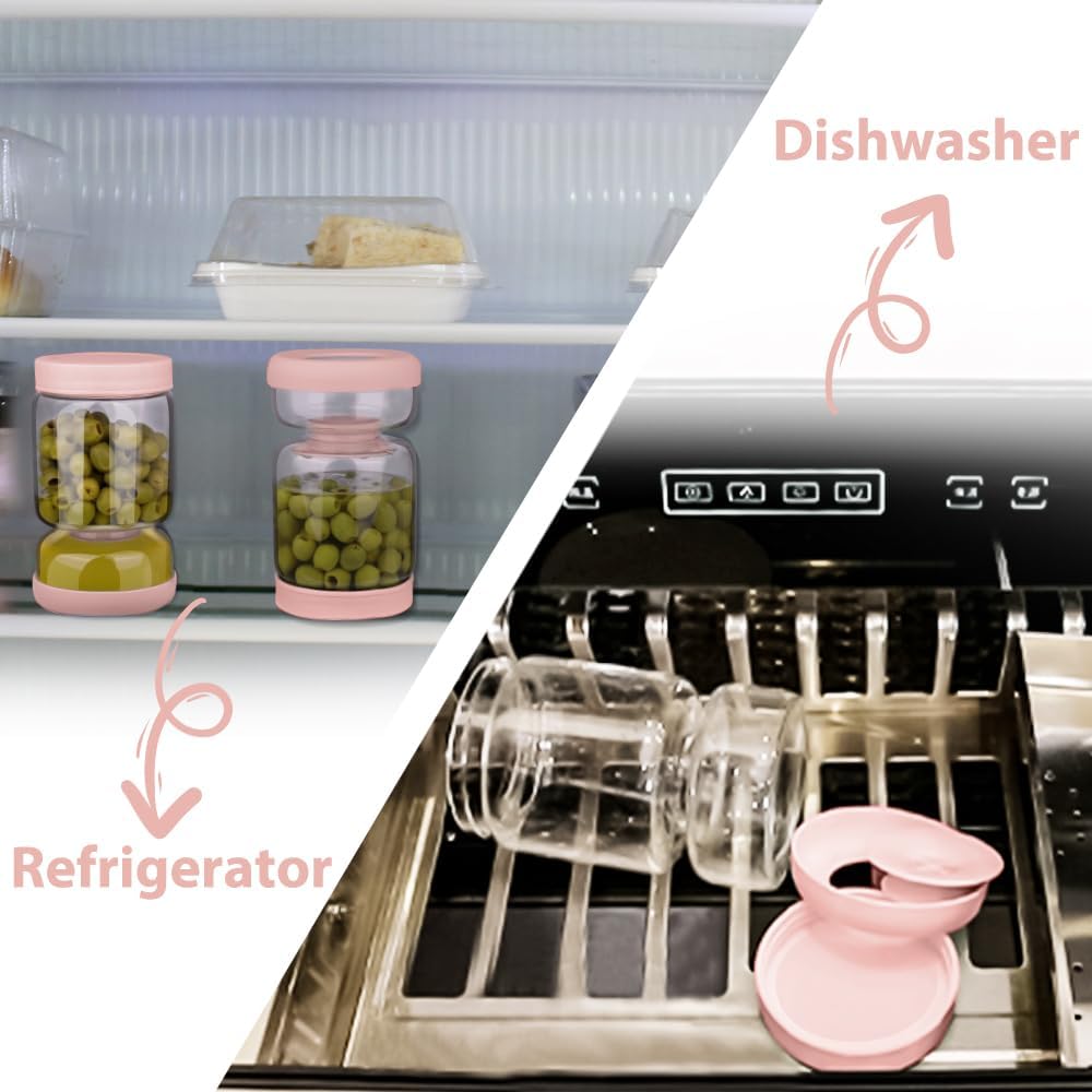 Pickle and Olive Hourglass Jar with Strainer Flip for Juice Separator from Wet and Dry, Upgrade Food-grade ABS Lid and BPA Free Hourglass Pickle Jar for Airtight Food Storage, Pink