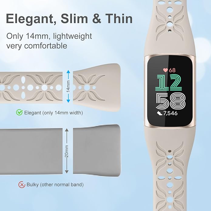Maledan Slim Engraved Band Compatible for Fitbit Charge 6/Charge 5 Bands Women Men, Elegant Hollow-out Pattern Bracelet Strap Loops Wristbands for Fitbit Charge 5/Charge 6 Fitness Tracker Accessories