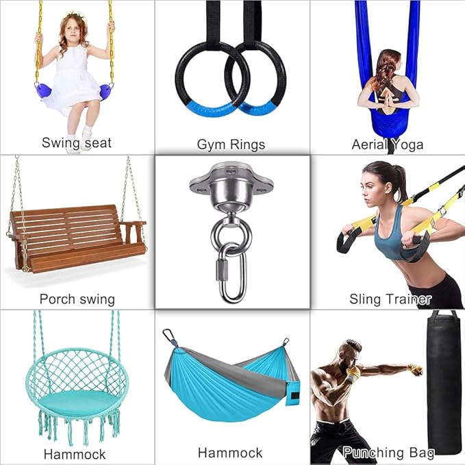 SELEWARE Punching Bag Hanger, Stainless Steel Heavy Bag Hanger with Carabiner, Heavy Duty 360° Rotation Wall Ceiling Mount Hook for Boxing Bags, Hammocks, Gym Swings, Yoga Swings, 1000LB Capacity