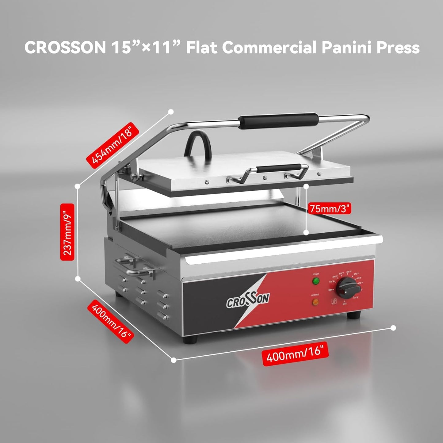 CROSSON 15"×11" Flat ETL Listed Commercial Electric Panini Grill,Hinged Auto Leveling Top Plate Panini Press Sandwitch Maker