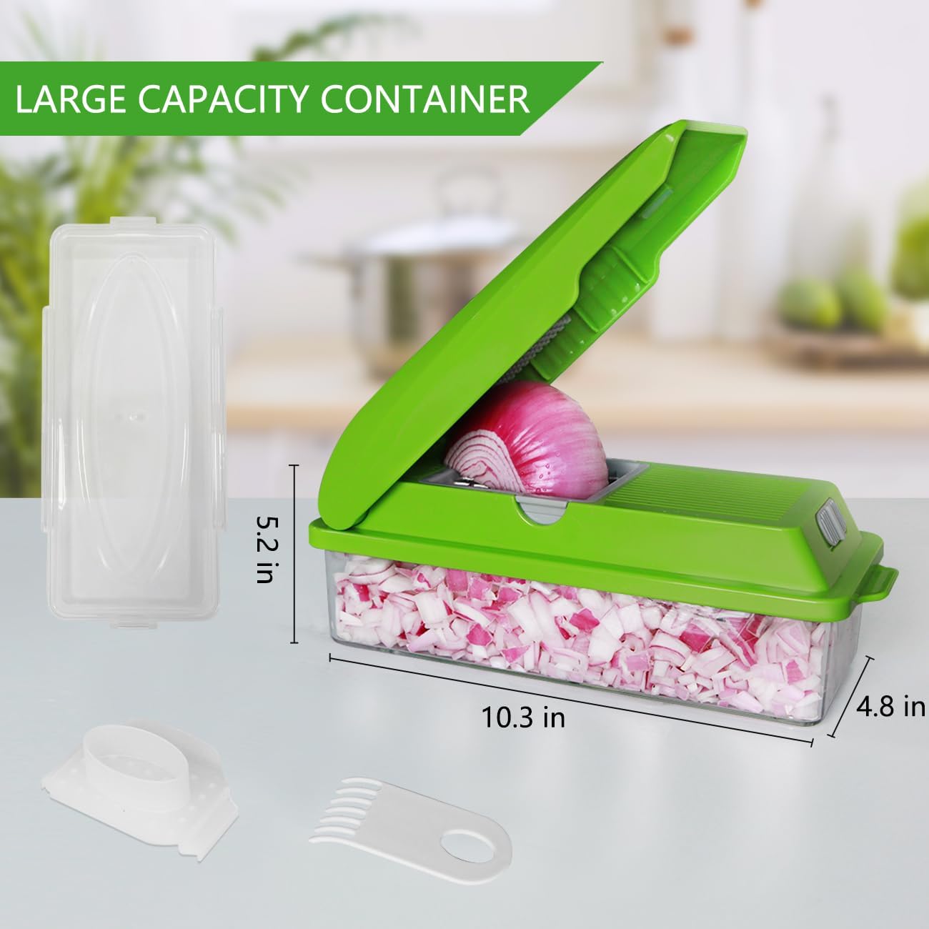 LHS Multifunctional Vegetables Chopper with Container, Manual Processor Cutter, Pro Onion Cutter, Vegetable Slicer Dicer Cutter with 3 Blades, Veggie Salp Chopper(6-in-1,Green)