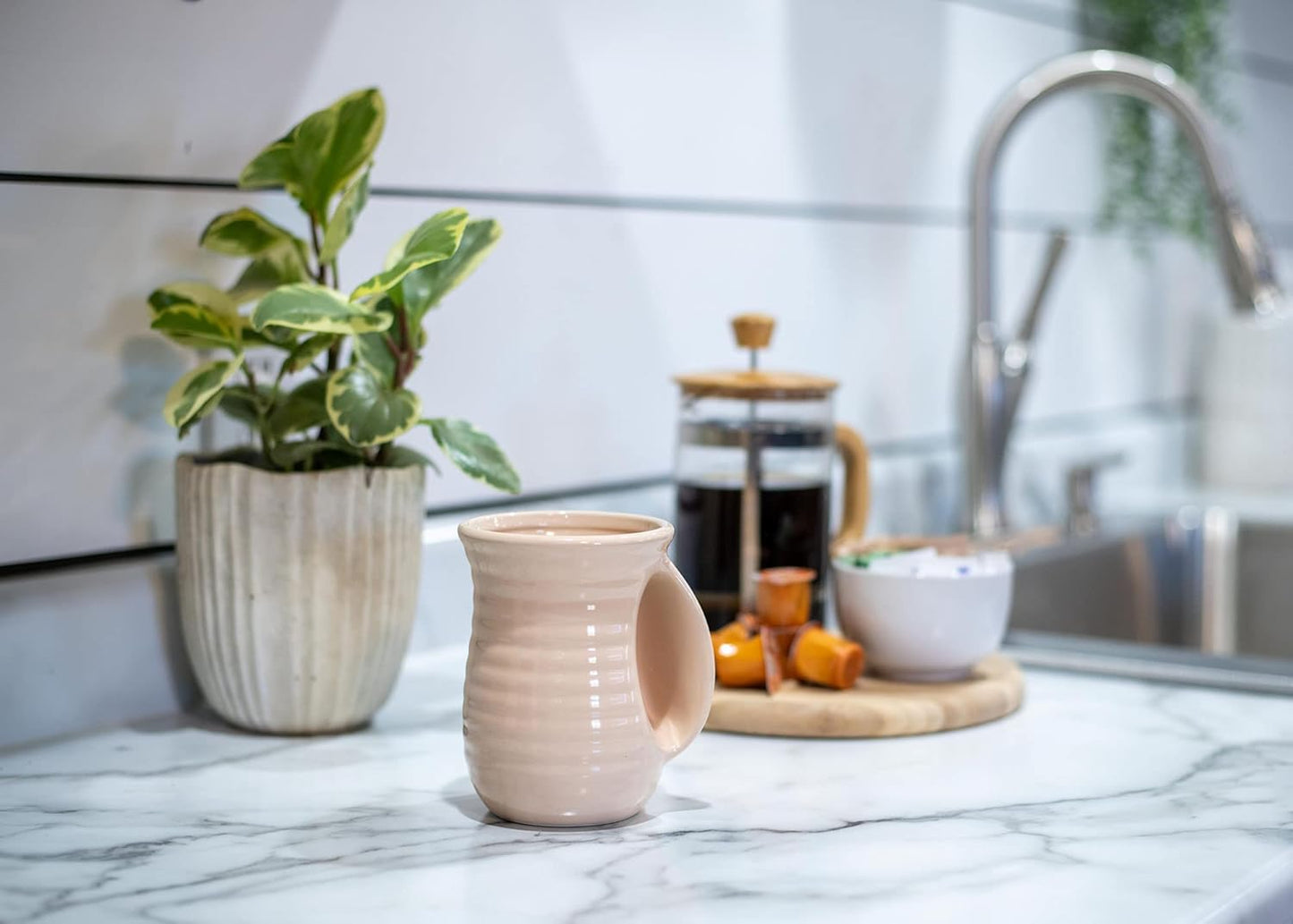 Elanze Designs Ribbed 14 ounce Ceramic Stoneware Handwarmer Mug, Blush Pink