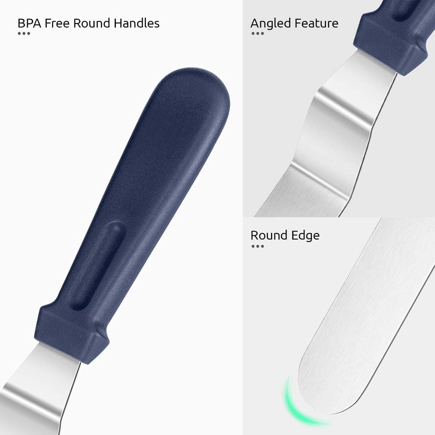 U-Taste Offset Spatula for Cake: Angled Icing Spatula Set with Wide 6", 8", 10" Blade, Flexible Stainless Steel Pastry Decorating Frosting Metal Baking Spreader for Cupcake (Set of 3, Midnight Blue)