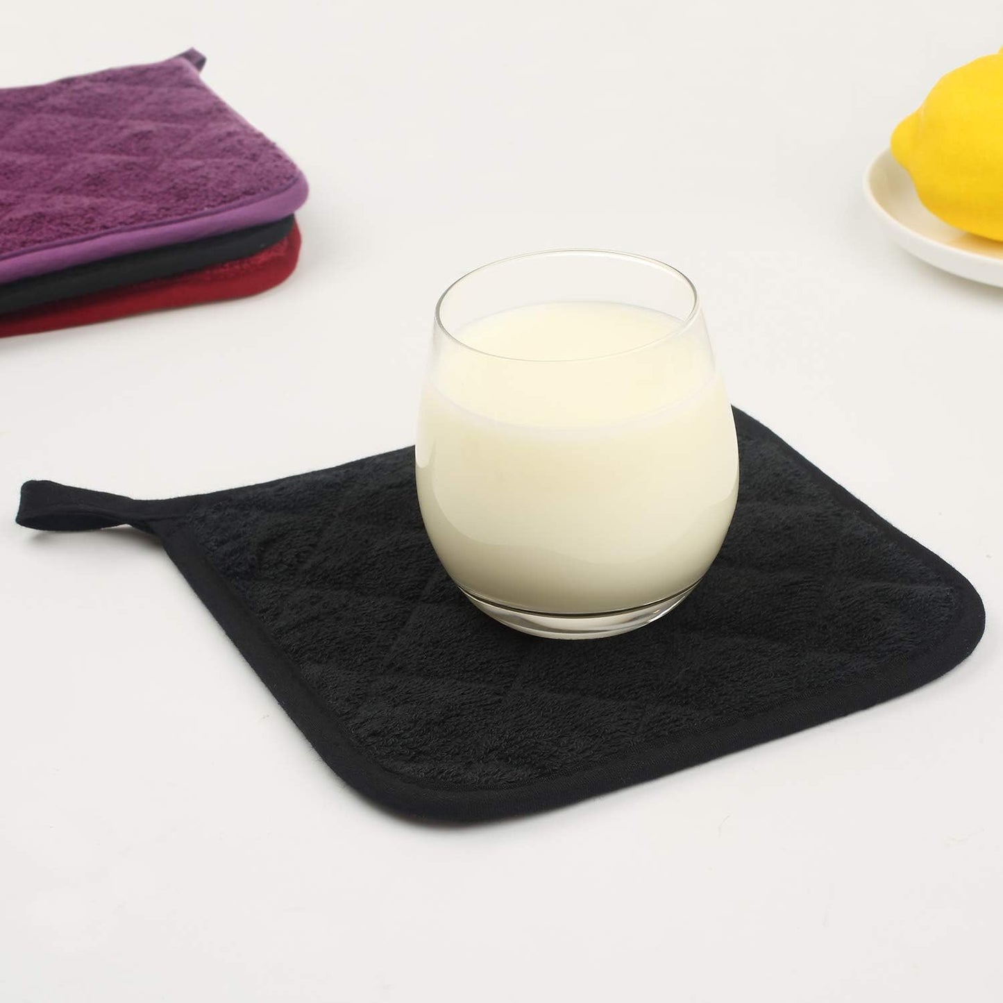 100% Cotton Kitchen Everyday Basic Terry Pot Holder Heat Resistant Coaster Potholder for Cooking and Baking Set of 5 Black