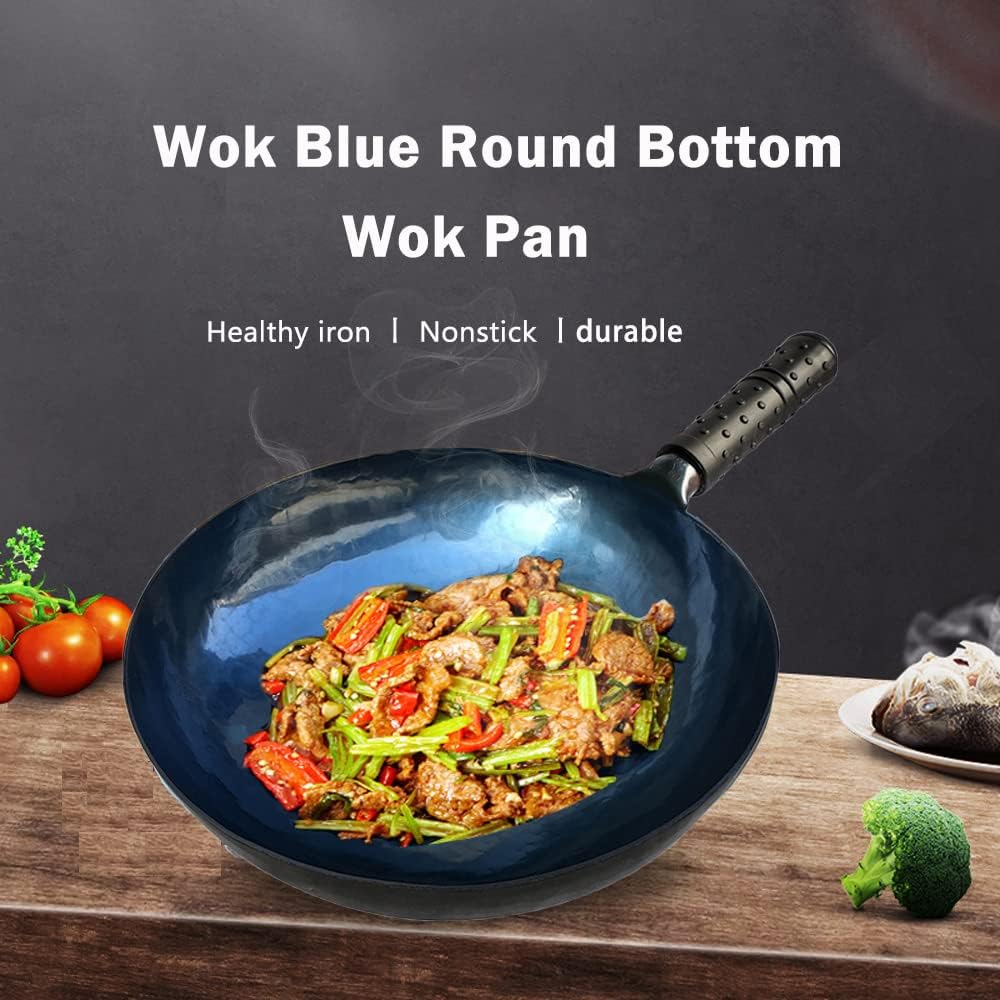 shuoguoleilei Chinese Hand Hammered Iron Woks Set, Non-Stick No Coating Preseasoned Wok Blue Round Bottom Wok Pan for Electric, Induction and Gas Stoves (Blue Black-12)