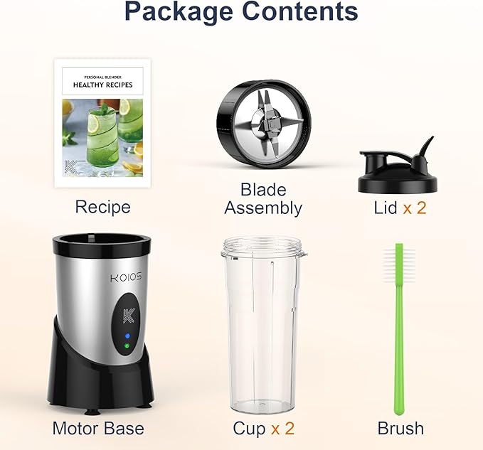 KOIOS Smoothie Blender, 900W Personal Blender for Shakes and Smoothies Kitchen with 2 No-BPA 22oz Portable Blender Cups, Single Serve Smoothies Maker Mixer for Juices, Nutritious Recipe, Sliver