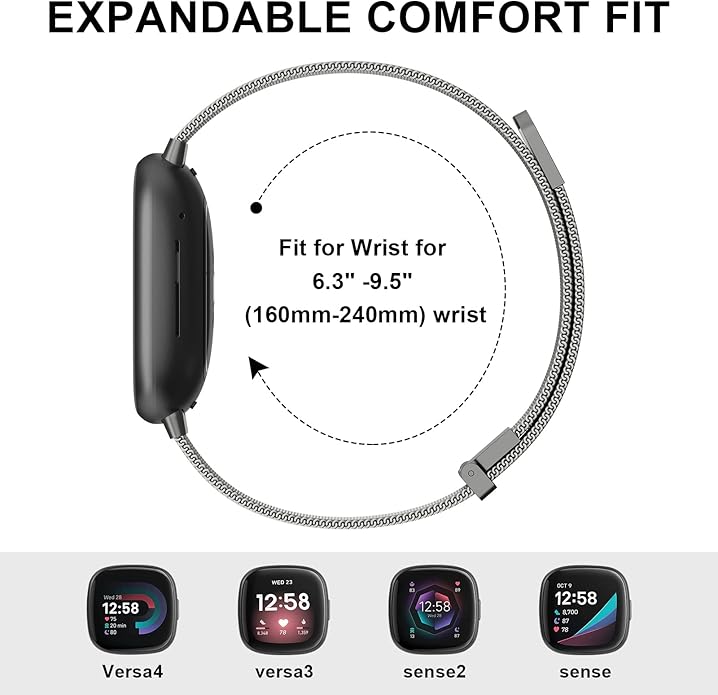 Meliya Metal Band for Fitbit Sense 2 / Sense Bands, Fitbit Versa 4 / Versa 3 Bands Women Men, Stainless Steel Mesh Magnetic Replacement Bracelet Strap for Fitbit Sense 2 / Versa 4 Smartwatch