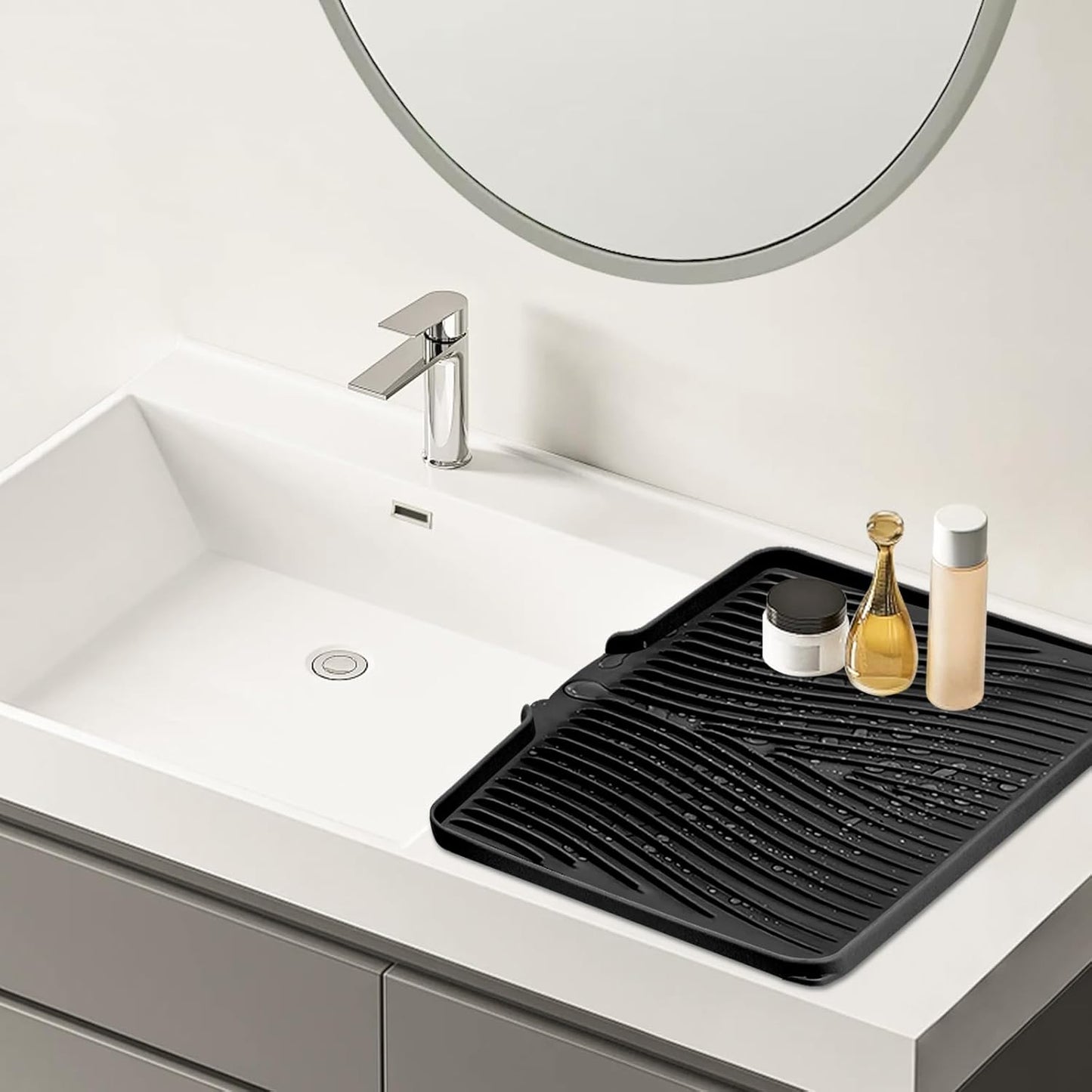 Dish Drying Mat, Stone Drying Mat for Kitchen Counter with Built-in Drain, Non-Slip Drying Matt Kitchen Counter, Heat Resistant Silicone Drying Mat, Dish Drying Pad, 2 Pcs (Black 19.7" x 17")