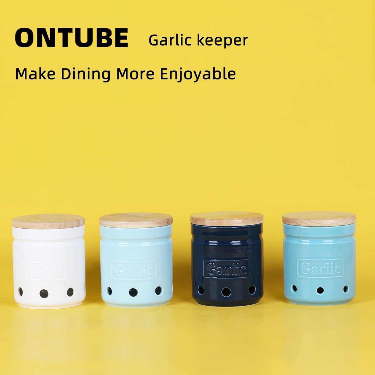 Large Garlic Keeper with Wooden Lid, Ceramic Garlic Holder Storage, Garlic Container for Kitchen, Garlic Saver to Keep Your Garlic Cloves Fresh Longer 4.5-Inch, Navy