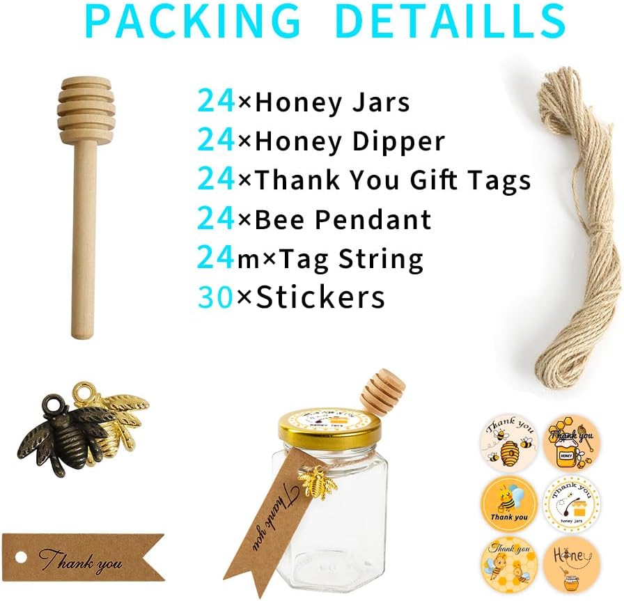 24 Pack 4oz Glass Hexagon Honey Jars Golden Lids - Extra Wooden Honey Dipper Sticks, Bee Charms, Tag String, Thank You Gift Tags, Stickers (Golden 24 Stickers)
