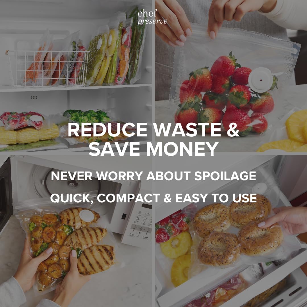 Chef Preserve Reusable Vacuum Sealer Bags for Food – 30 BPA-Free Medium (10 x 11 in) Food Storage Bags, Freezer, Microwave – Odor-Resistant, Leak-Proof – Compatible with Chef Preserve Vacuum Sealers