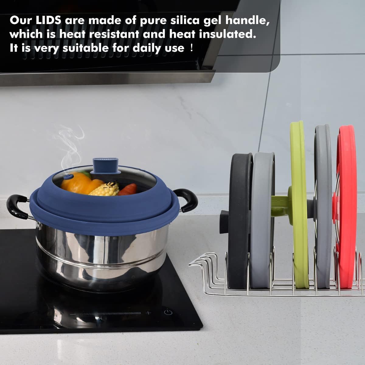 Microwave Splatter Cover Glass Cover Guard Lid with Collapsible Silicone for Food Pot Plate Cover 11.8 inch Dark Blue