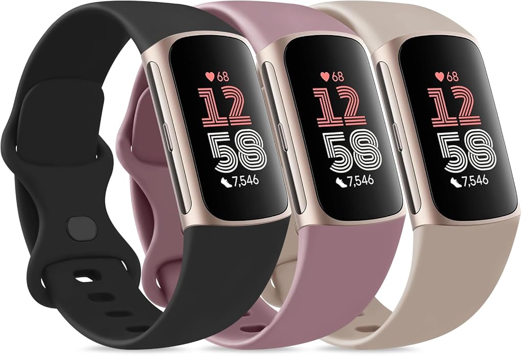 3 Pack Bands for Fitbit Charge 6 / Charge 5 Bands Women Men, Soft Silicone Waterproof Adjustable Wristband Replacement Sport Straps for Fitbit Charge 5 / Charge 6 Fitness Tracker