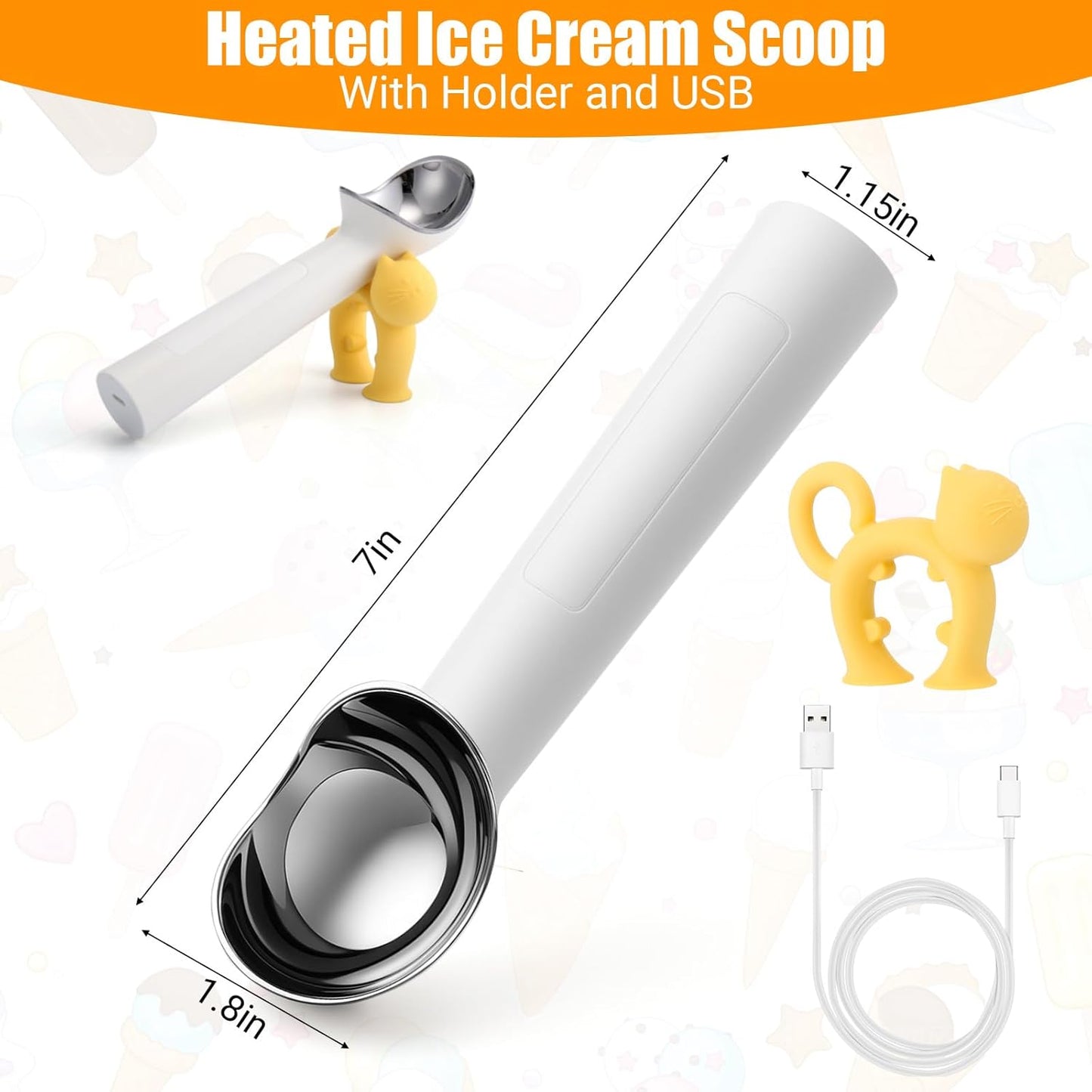 Juome Heated Ice Cream Scoop - 15 Seconds Fast Heating Electric Ice Cream Scooper USB Rechargeable, Handheld Heats Up to 158°F with LED Display for Hard Ice Cream, Easy Use for Seniors & Kids (White)