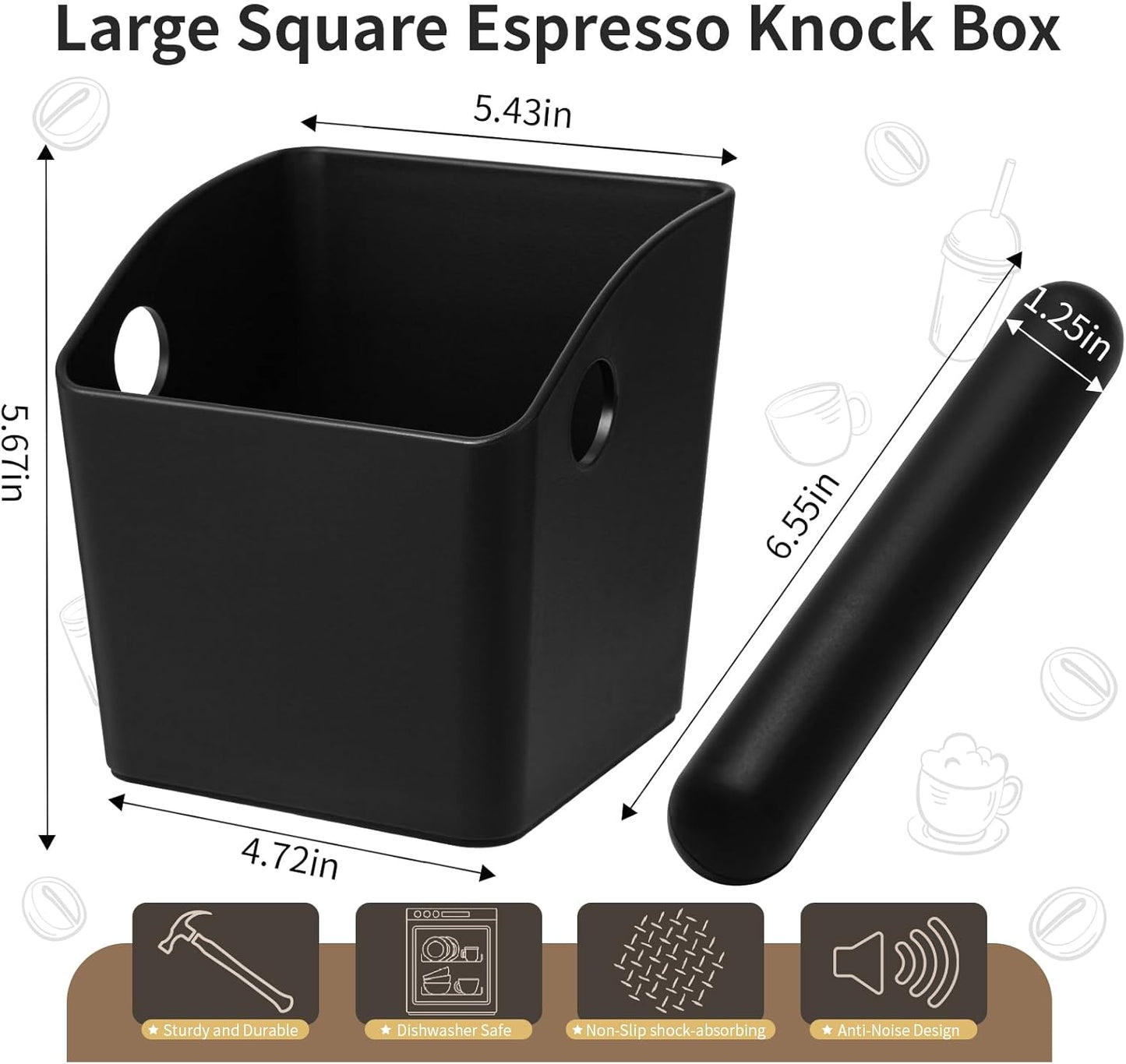 Large Square Knock Box Shock-absorbent Knock Box Espresso with Removable Knock Bar and Non-Slip Base Espresso Accessories for Home/Office (Large Black Knock Box)