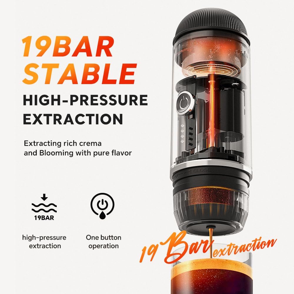 Portable Coffee Maker Travel Espresso Machine 120W Red Color, 19 Bar Pressure 7500mAh Rechargeable Battery Version Portable On the Go for Camping, Driving, Home and Office Travelling