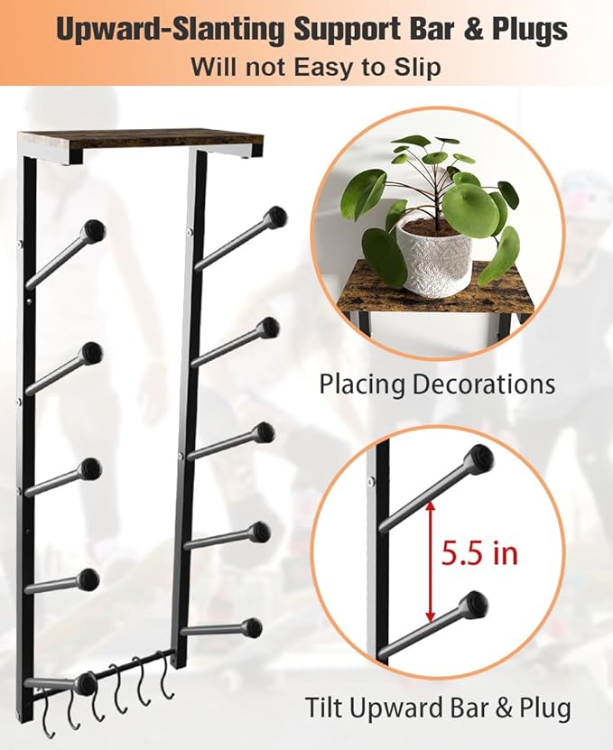 Koutemie Skateboard Rack Wall Mount with Five-Layer Skate Board Stand for Storage Longboard Deck Organizer, Skateboard Wall Display Hanger Holder with 6 Hooks for Home or Garage