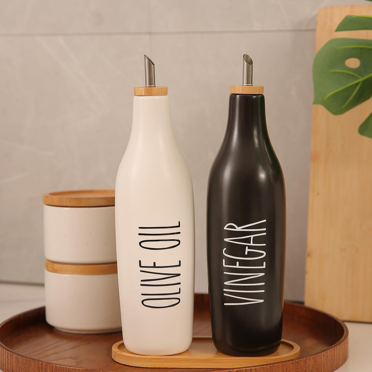 HOMCDALY Olive Oil and Vinegar Dispenser Set, 16oz Ceramic Oil Dispenser for Kitchen, Kitchen Dispenser Bottle for EVOO Vinegar Syrups, Modern Farmhouse Design| Set of 2 – P-Black&White