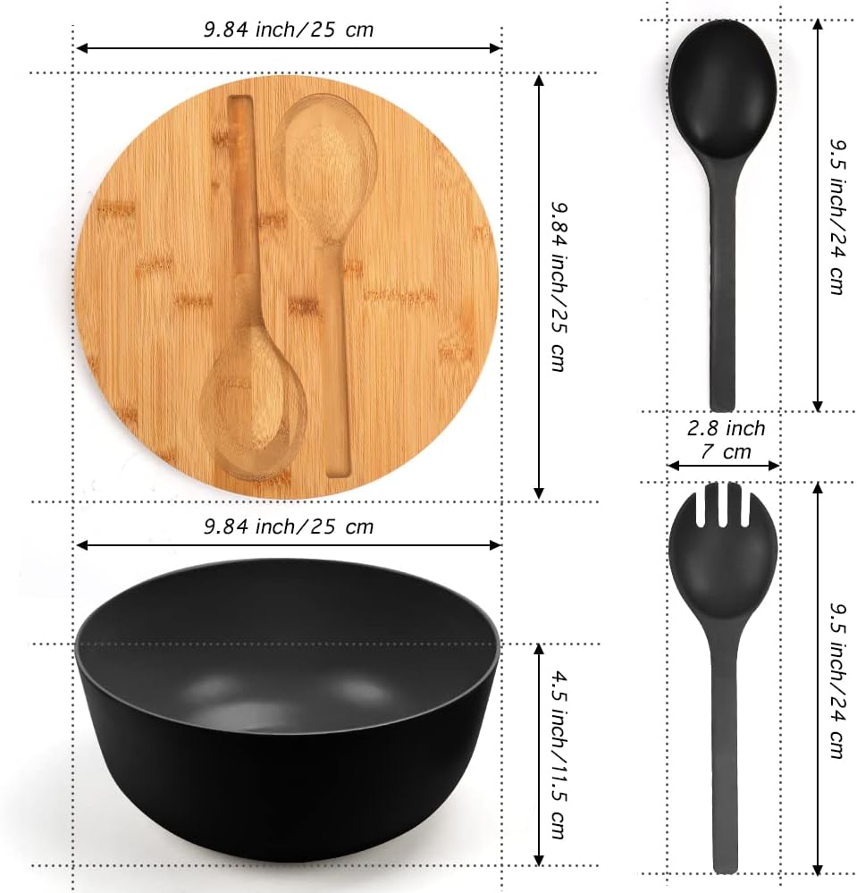 ShineMe Black Salad Bowl Set, 9.8inches Large Bamboo Fiber Salad Bowl With Lid and Utensils(Spoon & Fork), Solid Mixing Bowl For Serving Pasta, Fruits, Vegetables, Bread and Chips