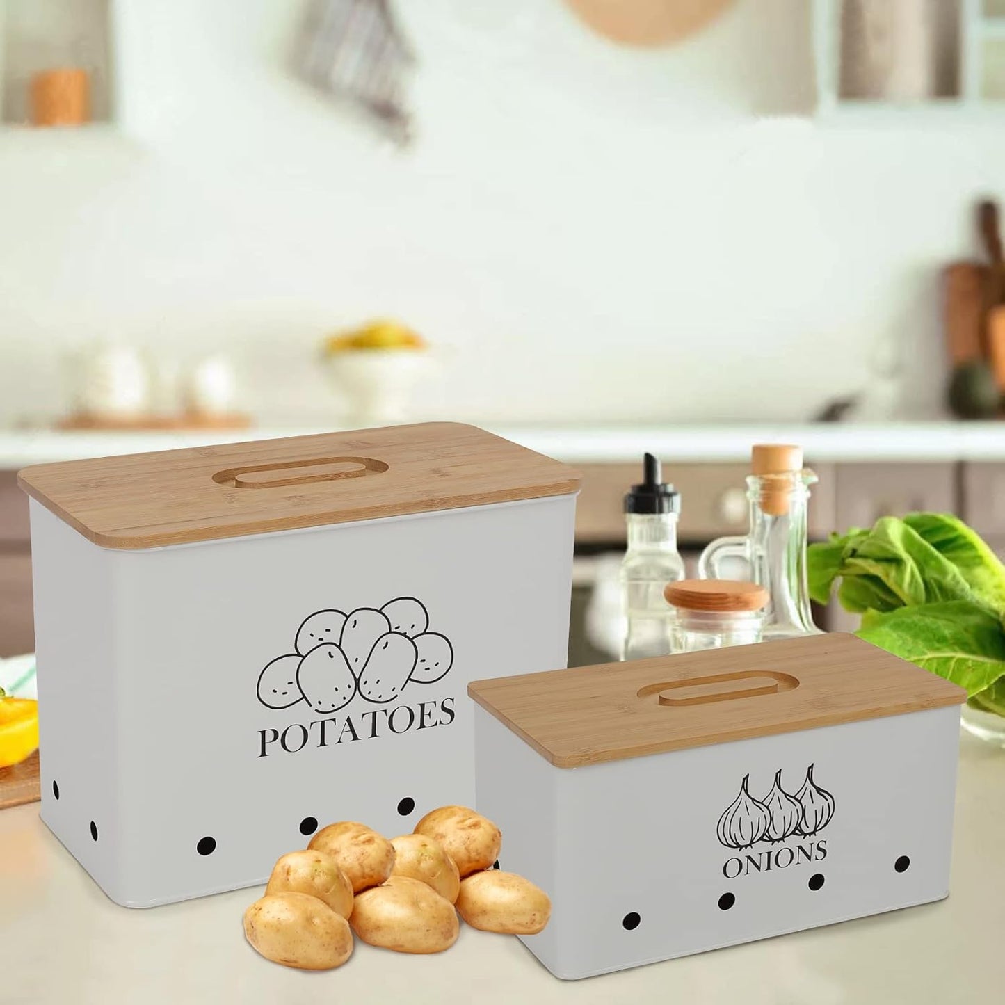 Potato Onion Storage Box, Food Container Sets, Storage Canisters for Vegeatables, Set of 2 Jars Pots Containers, Potato & Onion Bin with Aerating Tin Storage Holes & Bamboo Lid-White