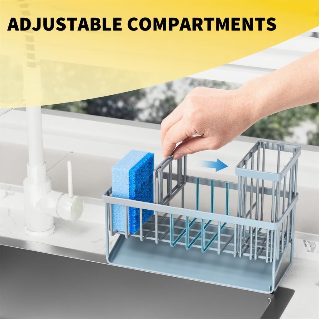 Cisily Sink Caddy Organzier with High Brush Holder, Sponge Holder for Sink, 304 Rustproof Stainless, Kitchen Countertop Soap Dispenser Organizer, Gray Blue Kitchen Decor and Accessories