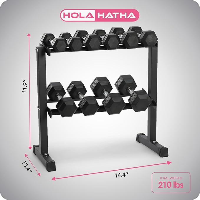 HolaHatha 10, 15, 20, 25, and 35 Pound Rubber Encased Hexagon Non Slip Dumbbell Weight Set with Rack for Various Strength Training Workouts, Black