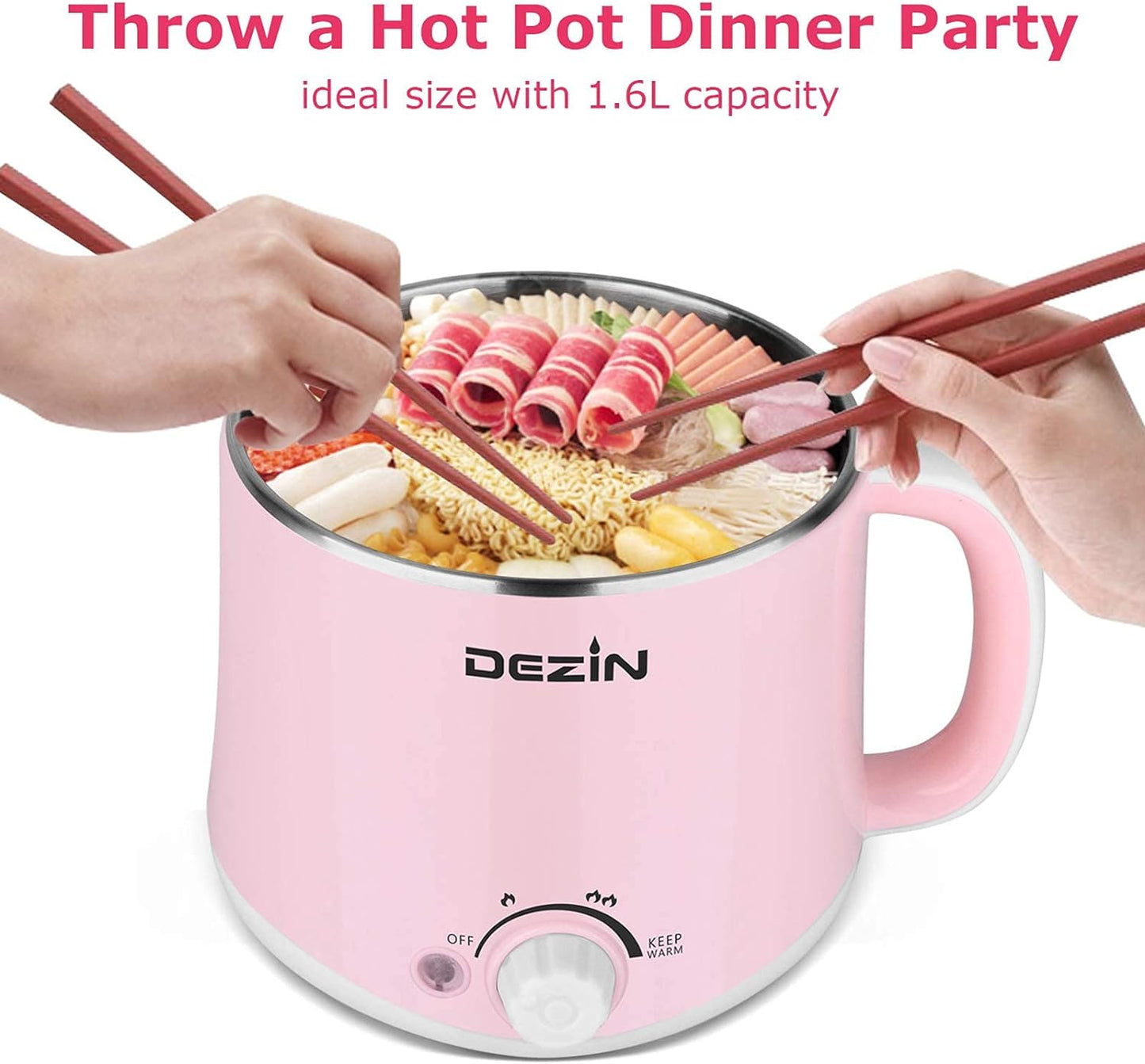 Dezin Hot Pot Electric, Rapid Noodles Cooker, Stainless Steel Electric Pot 1.6 Liter, Perfect for Ramen, Egg, Pasta, Dumpling, Soup, Porridge, Oatmeal with Temperature Control and Keep Warm Function