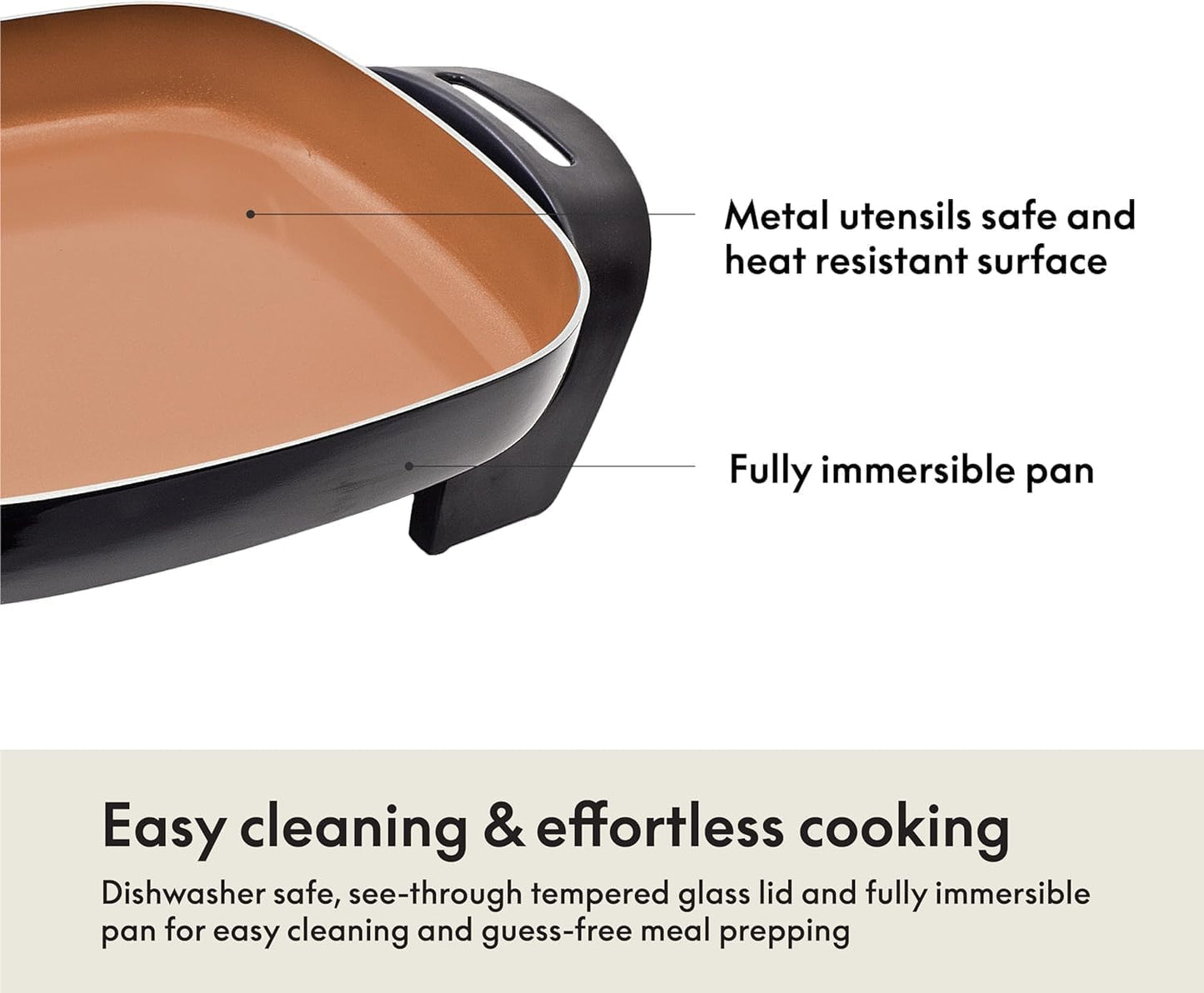 BELLA Electric Skillet and Frying Pan with Glass Lid, Nonstick Coating, Cool Touch Handles, Removable Heating Probe, Dishwasher Safe, 12 x 12 inch, Copper
