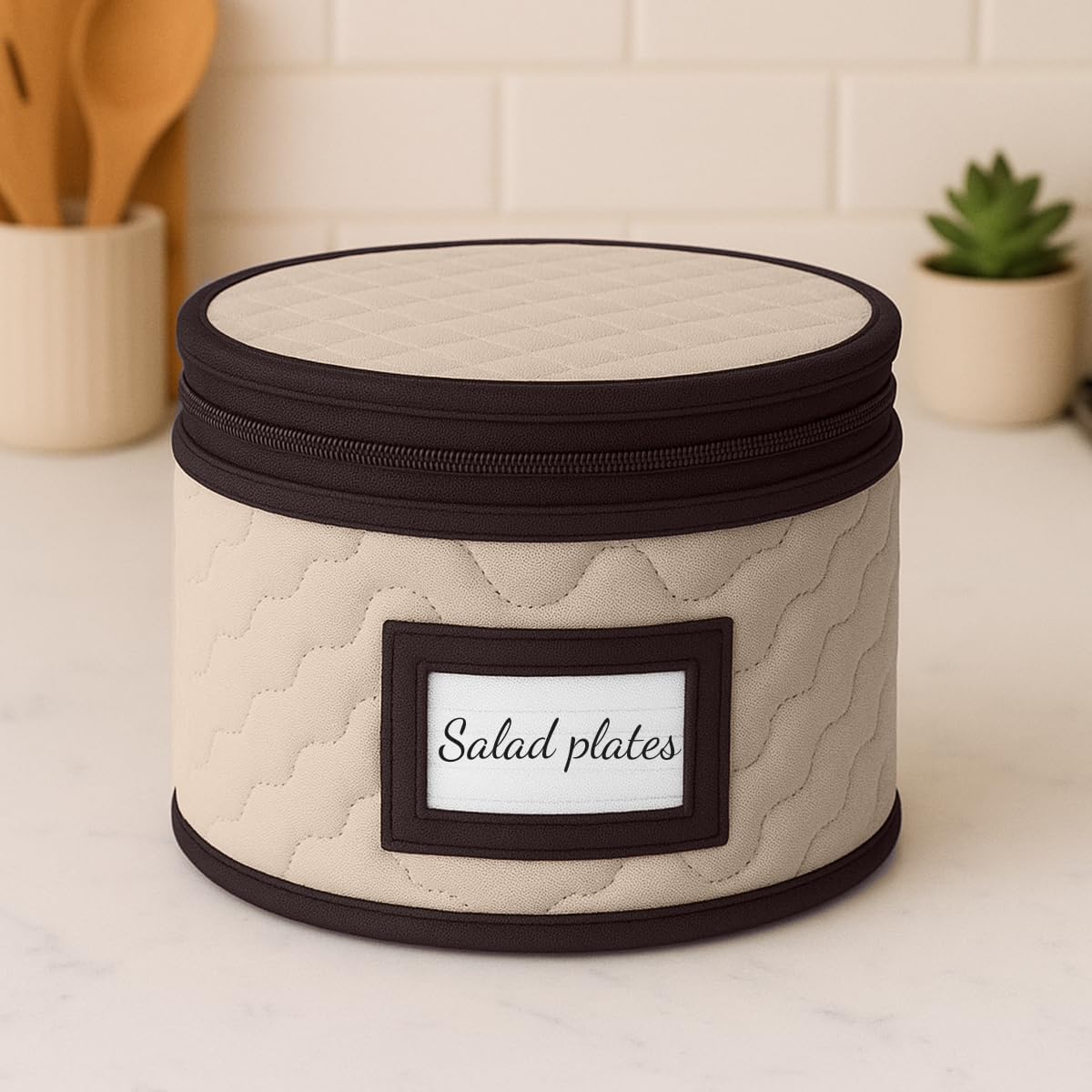 Salad Plates Storage - Quilted Microfiber China Organizer Box with Dividers , Protects & Organizes Up to 12 Plates of 8" - Ideal for Seasonal Dishware Protection
