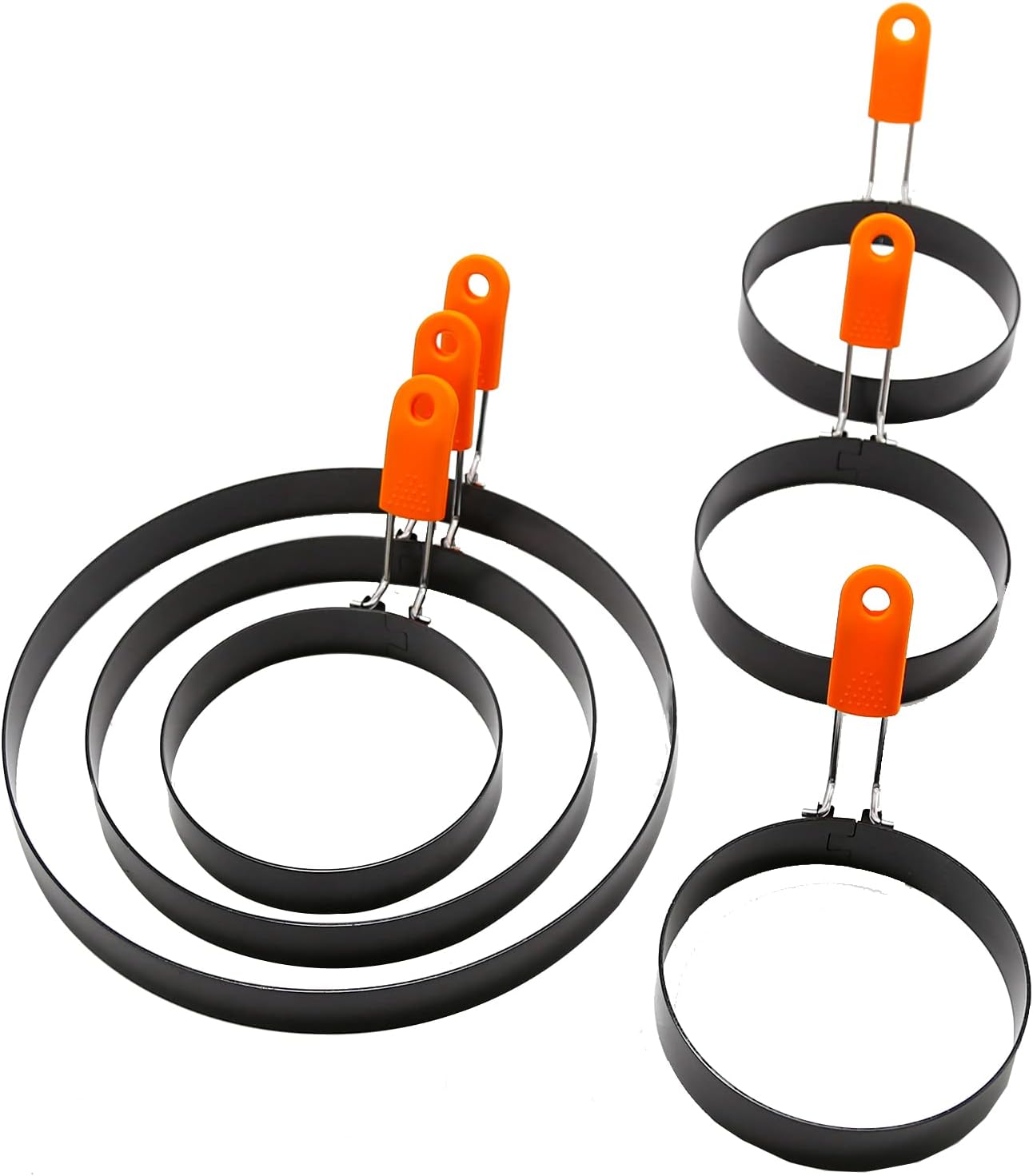 6Pcs Egg Ring Pancake Ring Stainless Steel Omelet Molds Set, Pancake Shapers with Silicone Handle for Breakfast Used to Make Pancakes, Sandwiches, Burgers (Round Style,4 Inch, 6 Inch, 8 Inch)