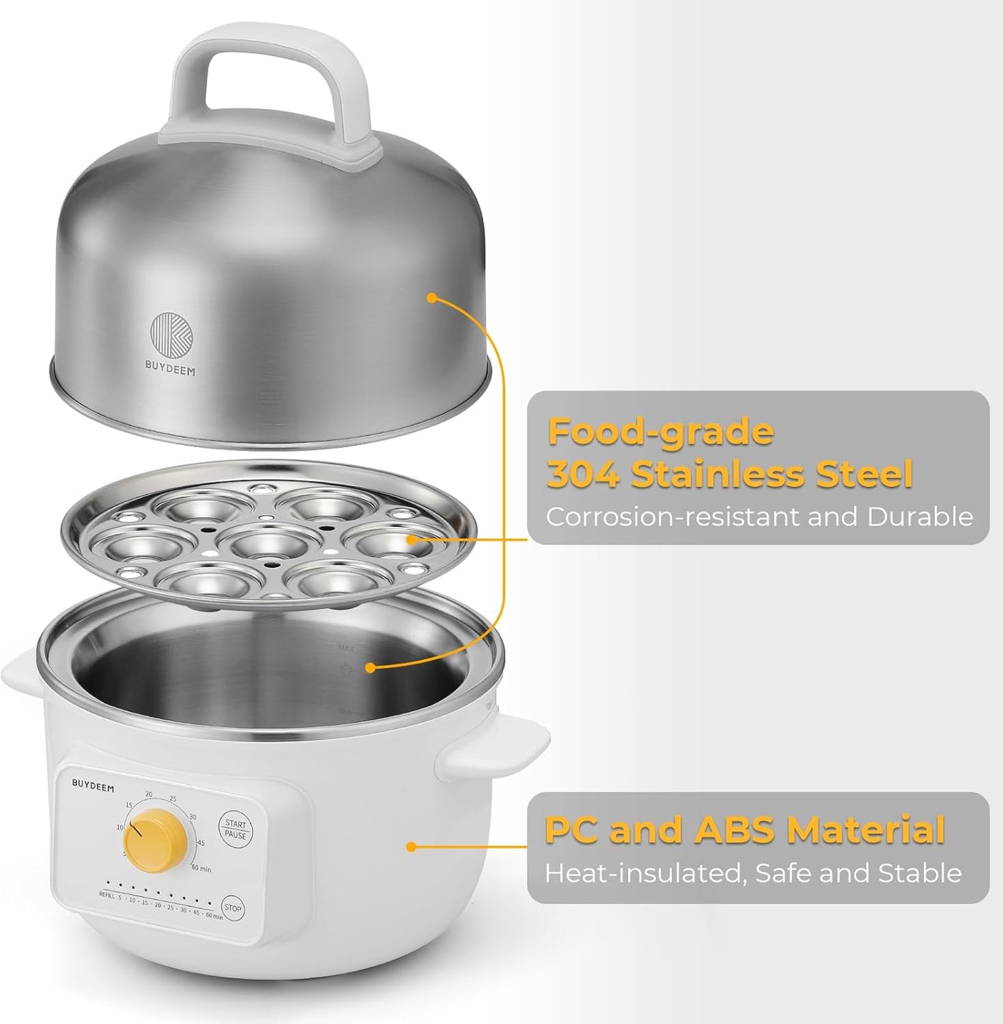 BUYDEEM G32 Electric Food Steamer 1.6QT, Stainless Steel Steamer for Vegetable Egg Seafood, 8 Time Settings, Triple Dry Protection, Quick Steam, Healthy Cooking for 1-2 Servings, Arctic White