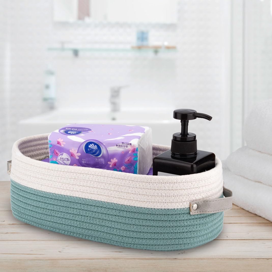 Cotton Rope Woven Toilet Paper Baskets for Organizing Decorative for Boho Decor Small Storage Gift 13"x5.9"x4" Mint Green