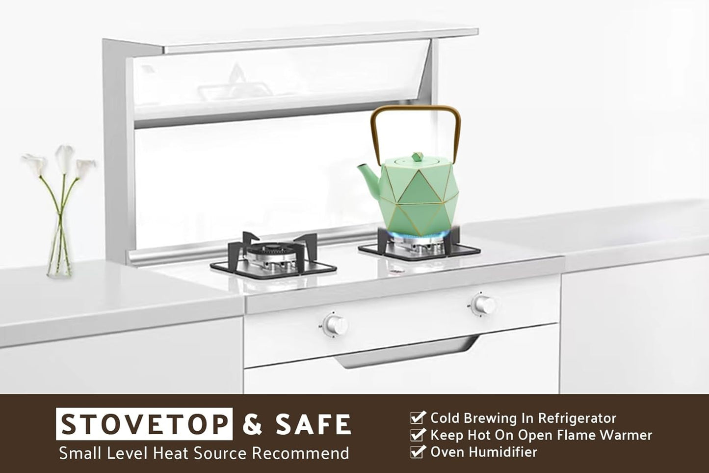 Toptier Cast Iron Teapot, Stovetop Safe Japanese Cast Iron Tea Kettle, Diamond Design Tea Pot with Removable Infuser for Loose Tea, 30 Ounce (900 ml), Light Green