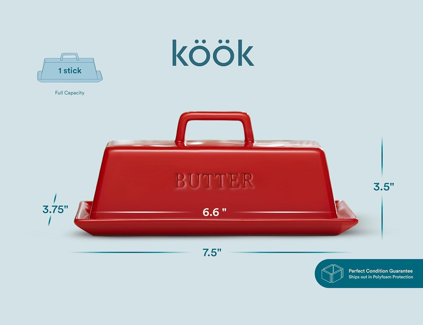 Butter Dish with Lid for Countertop, by Kook, Ceramic Dish Tray with Cover, Kitchen Keeper, Container, Holder, Holds 1 Stick, Microwave and Dishwasher Safe, Red