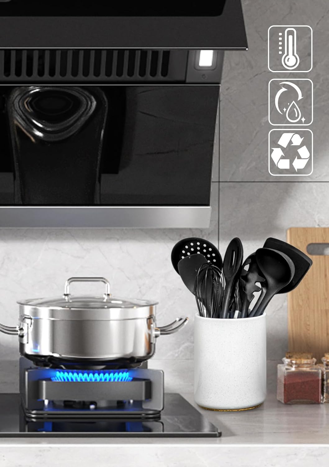 Nucookery Utensil Holder, 6.4" Ceramic Kitchen Utensil Holder for Countertop with Protection Cork Bottom, Vintage Farmhouse Kitchen Decor for Counter, Gift (Sand)