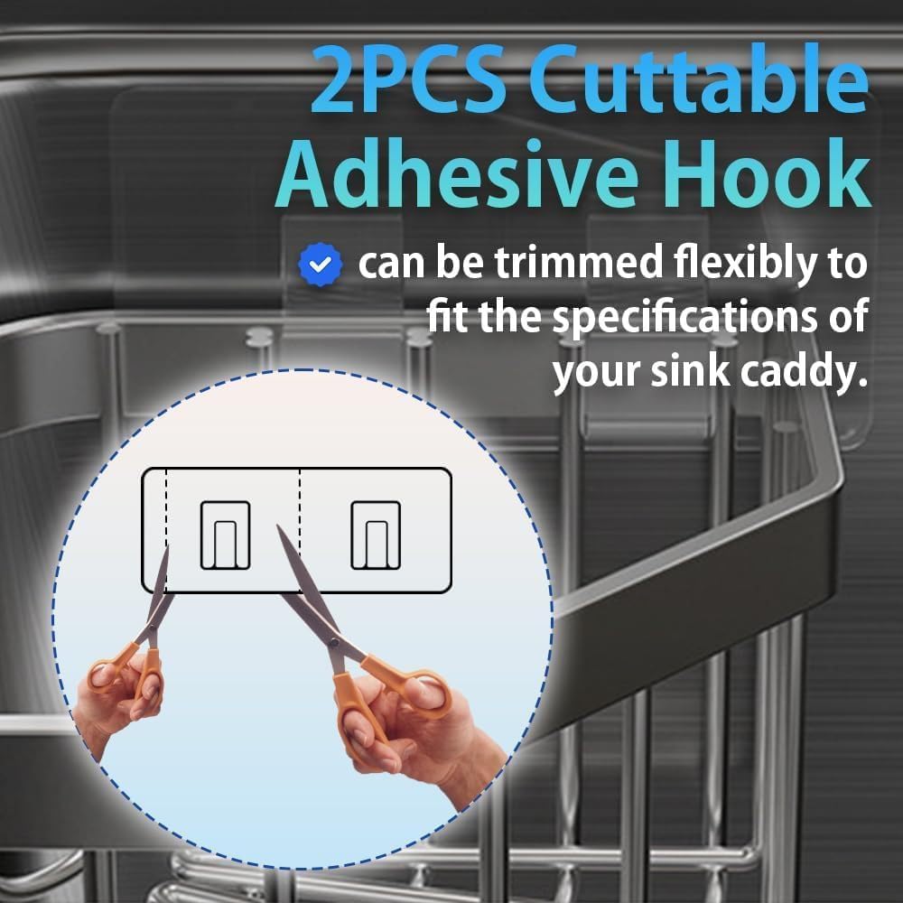 Sponge Holder Corner Sink Caddy Sink Organizer for Kitchen Bathroom Stainless Steel Triangle Soap Holder with 2 Pcs Adhesive Hook(L)