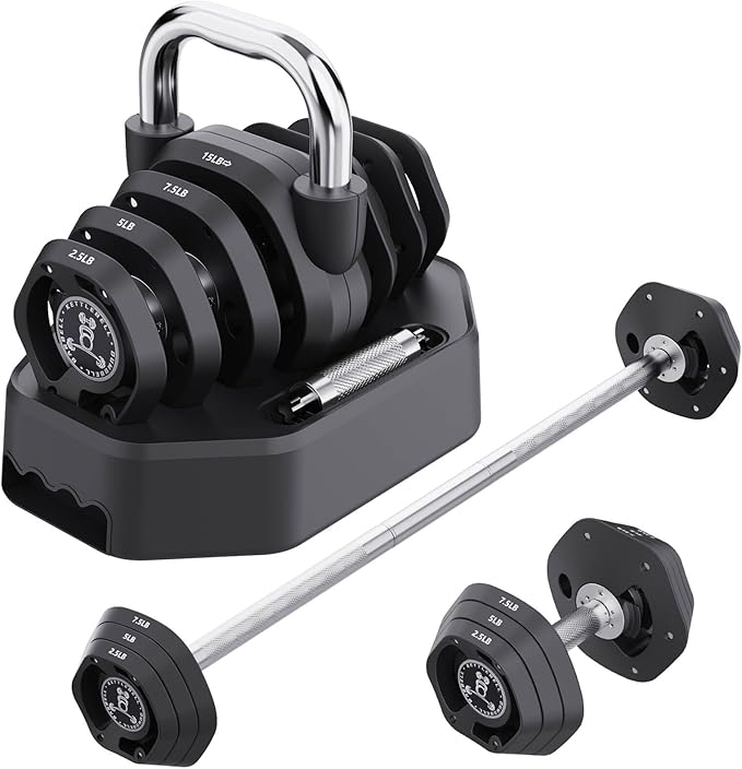 Tepemccu 4-in-1 Adjustable Kettlebell, 5.88-45lbs Kettlebells Weight Set, Free Weight Kettlebell Used as Dumbbell, Barbell for Home Gym Full Body Workout