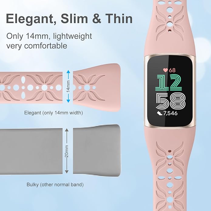 Maledan Slim Engraved Band Compatible for Fitbit Charge 6/Charge 5 Bands Women Men, Elegant Hollow-out Pattern Bracelet Strap Loops Wristbands for Fitbit Charge 5/Charge 6 Fitness Tracker Accessories