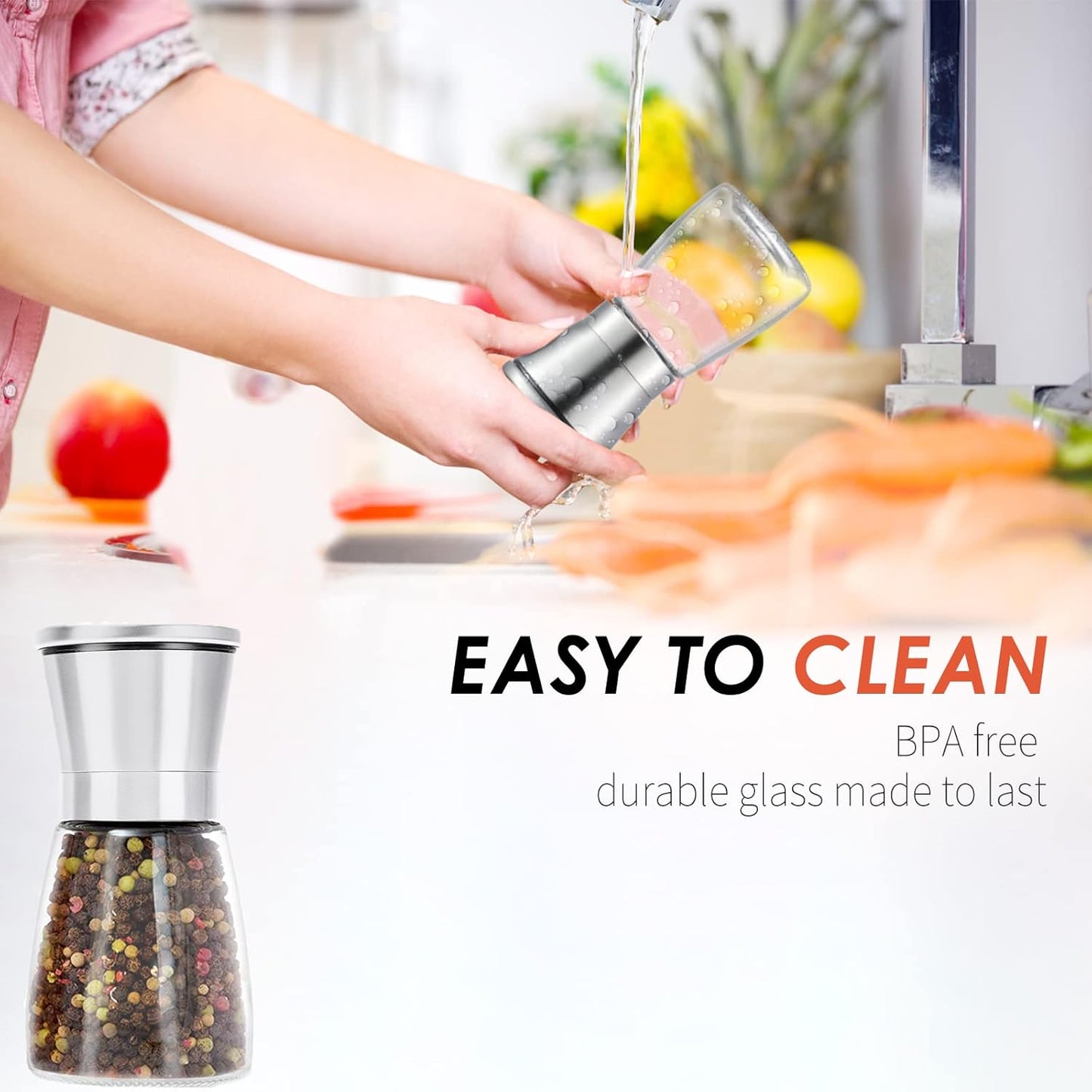 Professional Pepper Grinder - with Germany Hardened Carbon Steel Mechanism Rotor, Refillable Pepper Mill 6OZ Glass Adjust Coarseness (1PCS-Sliver-304)